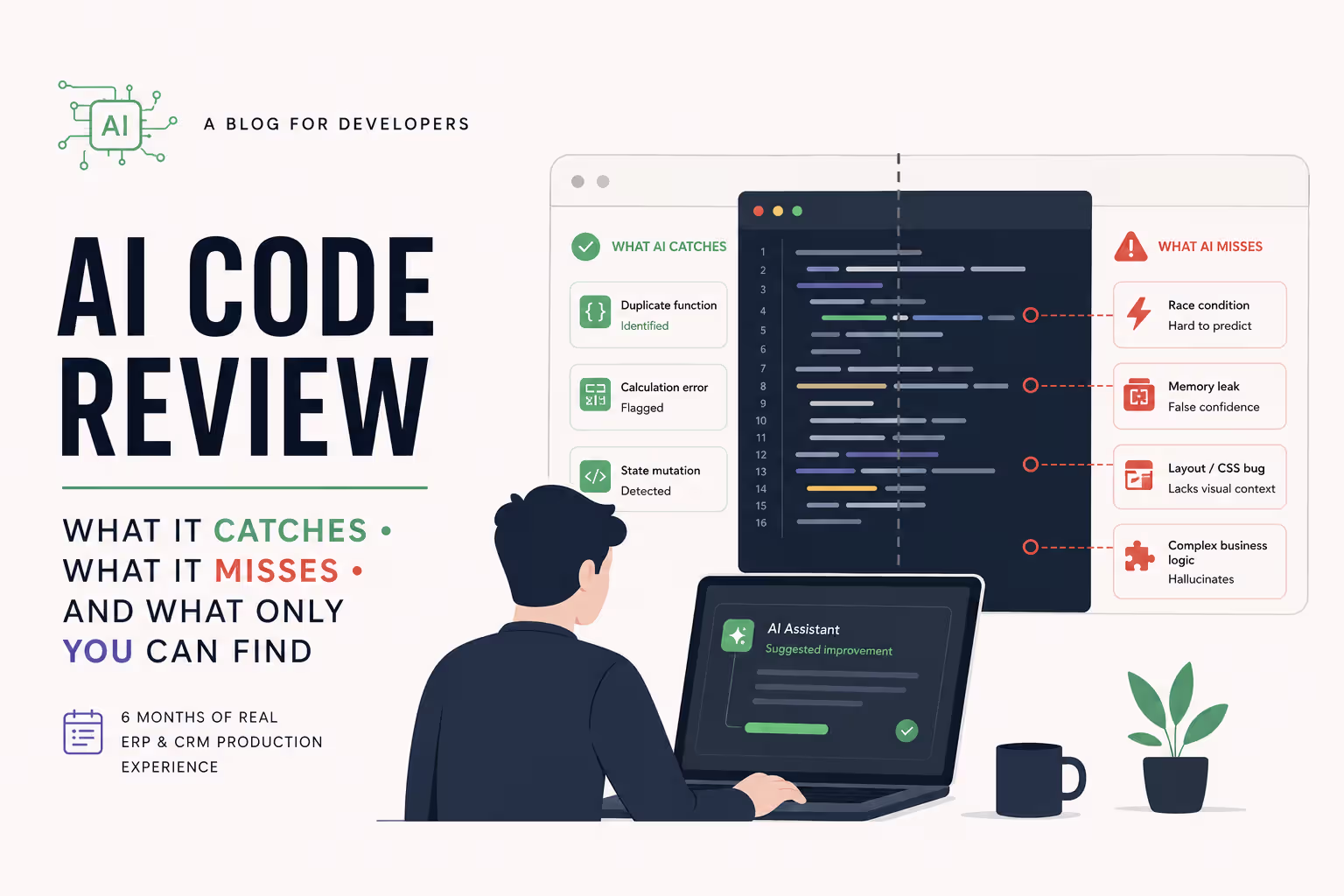 Code review on a monitor showing React TypeScript ERP codebase with AI assistant suggestions
