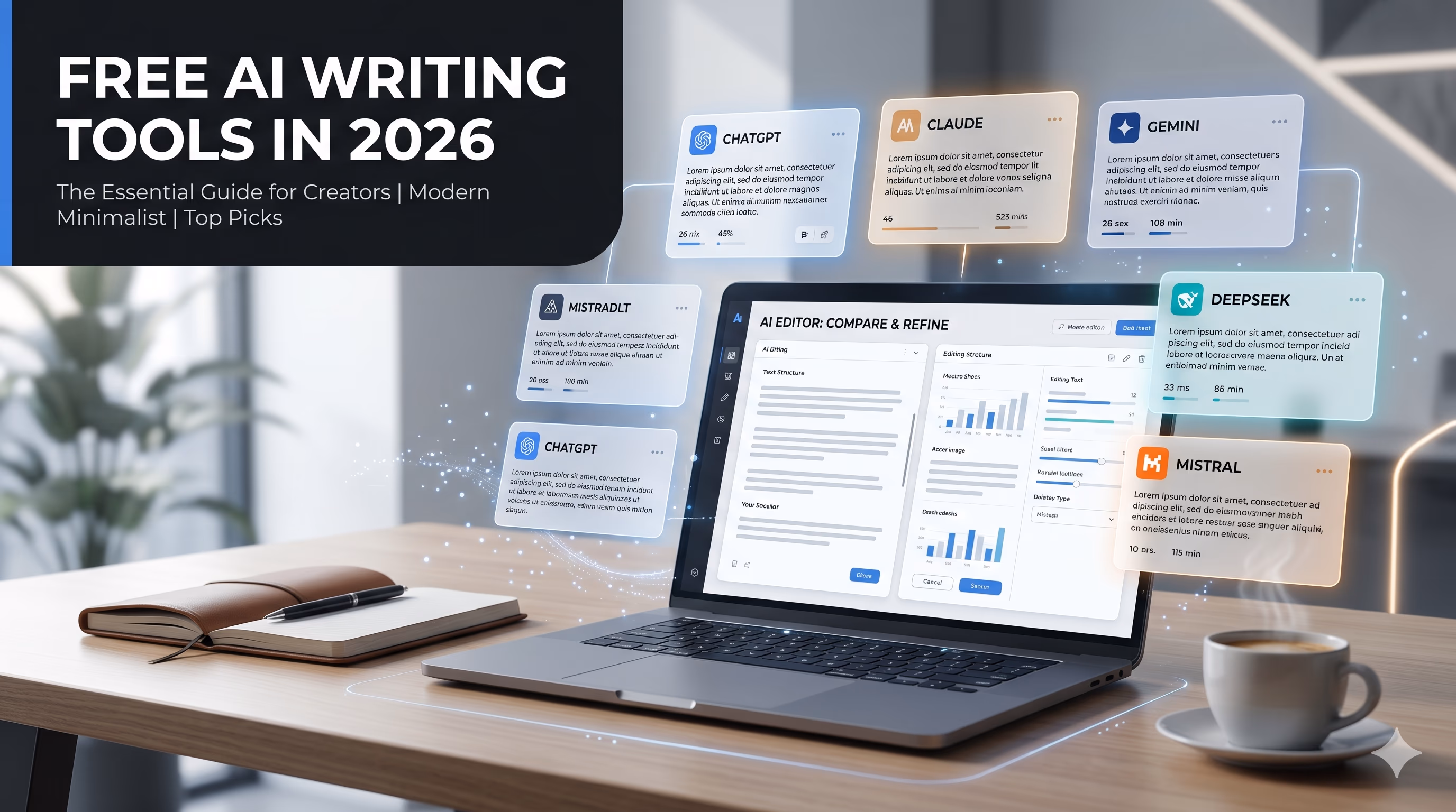Free AI writing tools 2026 comparison ChatGPT Claude Gemini DeepSeek Mistral on a laptop screen