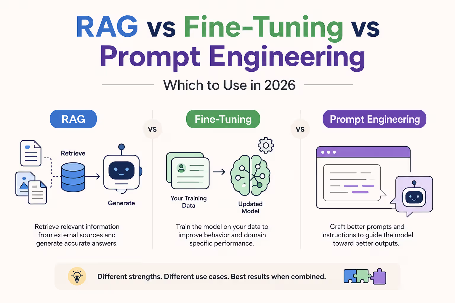 RAG vs Fine-Tuning vs Prompt Engineering decision framework — three AI customization techniques compared for developers in 2026