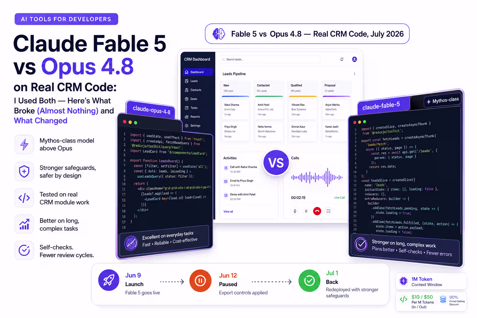 Claude Fable 5 vs Opus 4.8 tested on real CRM module code — head-to-head comparison after the July 1 2026 redeployment